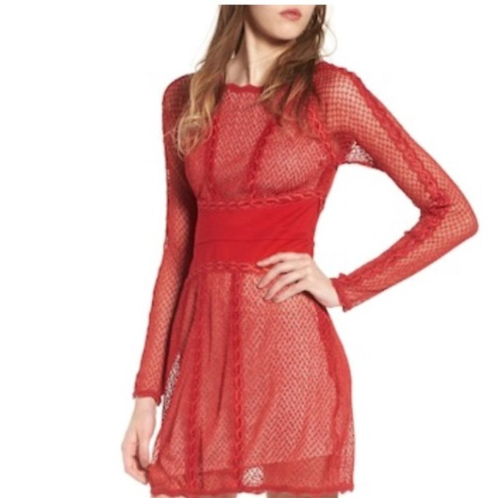 NWT Free People Womens‎ Bodycon Dress Cherry Red Mesh Lace Crew Long Sleeve Sz S